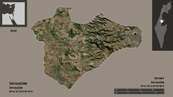 エルサレムの形状 イスラエルの地区 およびその首都 距離スケール プレビューおよびラベル 衛星画像 3Dレンダリング — ストック写真