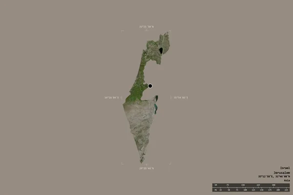 イスラエルの地域は 洗練された境界の箱の中の強固な背景に隔離されました 主な地域部門 距離スケール ラベル 衛星画像 3Dレンダリング — ストック写真