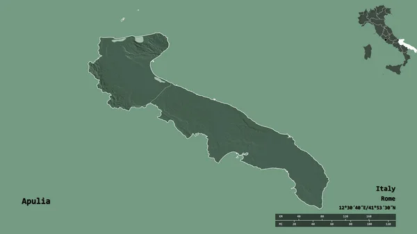 意大利阿普利亚地区的形状 其首都在坚实的背景上与世隔绝 距离尺度 区域预览和标签 彩色高程图 3D渲染 — 图库照片