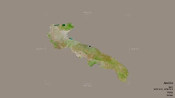 イタリアの地域であるプーリアの地域は 洗練された境界ボックス内のしっかりとした背景に隔離されています ラベル 衛星画像 3Dレンダリング — ストック写真