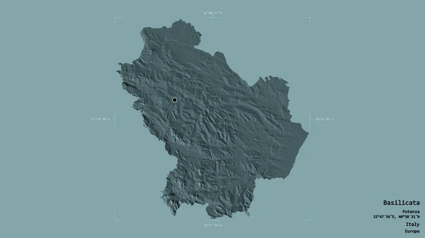 イタリアの地域であるバジリカータ州の地域は 洗練された境界ボックス内の強固な背景に隔離されています ラベル 色の標高マップ 3Dレンダリング — ストック写真