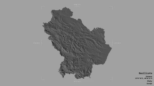 イタリアの地域であるバジリカータ州の地域は 洗練された境界ボックス内の強固な背景に隔離されています ラベル 標高マップ 3Dレンダリング — ストック写真