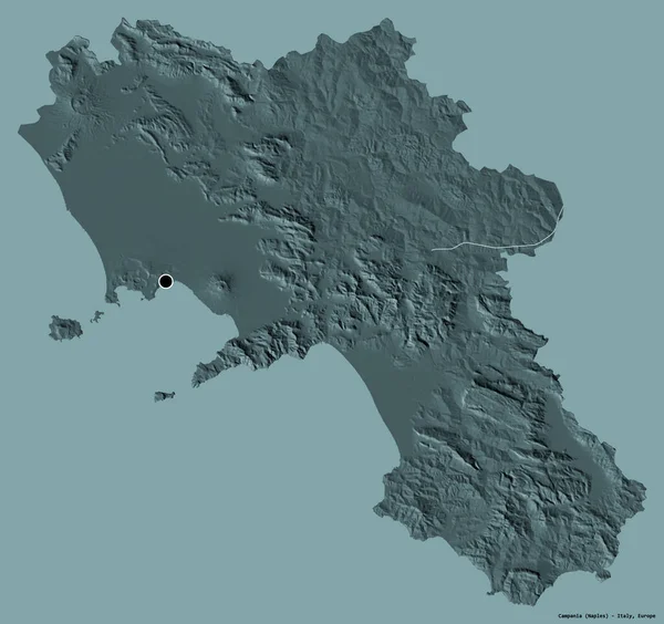 İtalya 'nın Campania bölgesi, başkenti katı renk arkaplanı ile izole edilmiştir. Renkli yükseklik haritası. 3B görüntüleme