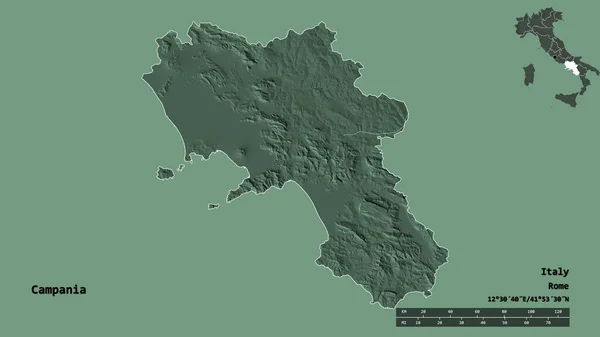 イタリアの地域であるカンパニア州の形状 その首都はしっかりとした背景に隔離されています 距離スケール リージョンプレビュー およびラベル 色の標高マップ 3Dレンダリング — ストック写真