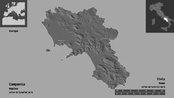 カンパニア州の形状 イタリアの地域 およびその首都 距離スケール プレビューおよびラベル 標高マップ 3Dレンダリング — ストック写真