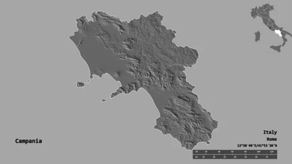 Campania Alakja Olaszország Régiója Fővárosát Szilárd Háttérrel Elszigetelve Távolsági Skála — Stock Fotó