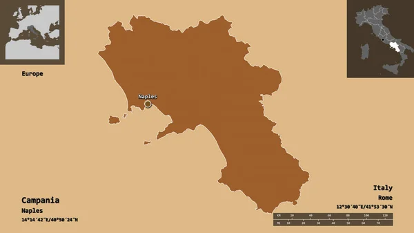 意大利坎帕尼亚的形状和它的首都 距离刻度 预览和标签 图形纹理的组成 3D渲染 — 图库照片