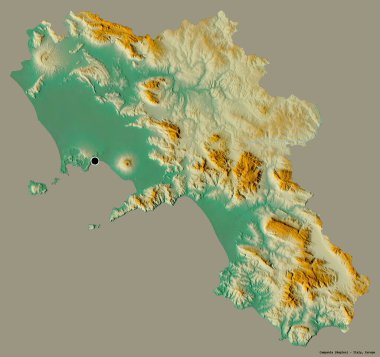 İtalya 'nın Campania bölgesi, başkenti katı renk arkaplanı ile izole edilmiştir. Topografik yardım haritası. 3B görüntüleme