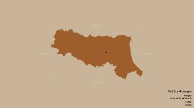 Emilia-Romagna bölgesi, İtalya bölgesi, katı bir arka planda izole edilmiş bir sınır kutusunda. Etiketler. Desenli dokuların bileşimi. 3B görüntüleme