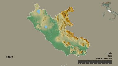 Lazio 'nun şekli, İtalya bölgesi, başkenti sağlam bir zemin üzerinde izole edilmiş. Uzaklık ölçeği, bölge önizlemesi ve etiketleri. Topografik yardım haritası. 3B görüntüleme
