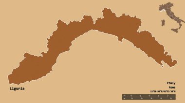 İtalya 'nın Liguria bölgesi, başkenti katı bir zemin üzerinde izole edilmiştir. Uzaklık ölçeği, bölge önizlemesi ve etiketleri. Desenli dokuların bileşimi. 3B görüntüleme