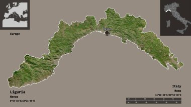 Liguria 'nın şekli, İtalya' nın bölgesi ve başkenti. Uzaklık ölçeği, ön gösterimler ve etiketler. Uydu görüntüleri. 3B görüntüleme