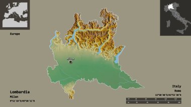 Lombardia 'nın şekli, İtalya bölgesi ve başkenti. Uzaklık ölçeği, ön gösterimler ve etiketler. Topografik yardım haritası. 3B görüntüleme