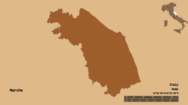 İtalya 'nın başkenti sağlam bir zemin üzerinde izole edilmiş Marche' ın şekli. Uzaklık ölçeği, bölge önizlemesi ve etiketleri. Desenli dokuların bileşimi. 3B görüntüleme