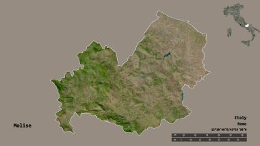 İtalya 'nın Molise bölgesi, başkenti sağlam bir zemin üzerinde izole edilmiş. Uzaklık ölçeği, bölge önizlemesi ve etiketleri. Uydu görüntüleri. 3B görüntüleme
