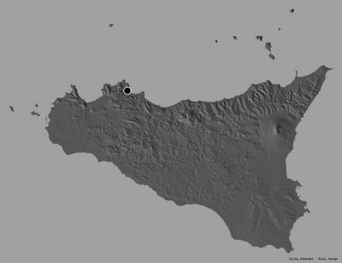 Sicilya 'nın şekli, İtalya' nın özerk bölgesi, sermayesi katı renk arka planında izole edilmiş. Çift seviyeli yükseklik haritası. 3B görüntüleme