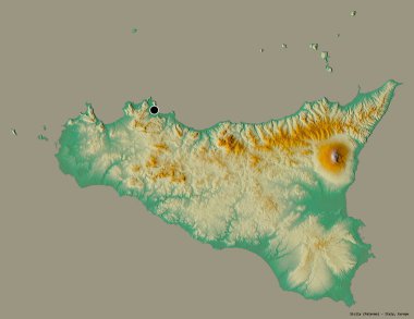 Sicilya 'nın şekli, İtalya' nın özerk bölgesi, sermayesi katı renk arka planında izole edilmiş. Topografik yardım haritası. 3B görüntüleme