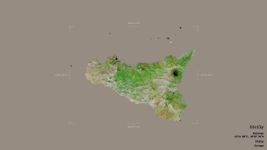 Sicilya 'nın otonom bölgesi, İtalya' nın otonom bölgesi, jeoreferatlı bir sınır kutusunda sağlam bir arka planda izole edilmiş. Etiketler. Uydu görüntüleri. 3B görüntüleme
