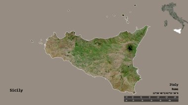 Sicilya 'nın şekli, İtalya' nın özerk bölgesi, başkenti sağlam bir zemin üzerinde izole edilmiş. Uzaklık ölçeği, bölge önizlemesi ve etiketleri. Uydu görüntüleri. 3B görüntüleme