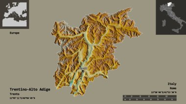 Trentino-Alto Adige 'in şekli, İtalya' nın özerk bölgesi ve başkenti. Uzaklık ölçeği, ön gösterimler ve etiketler. Topografik yardım haritası. 3B görüntüleme