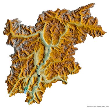 İtalya 'nın otonom bölgesi Trentino-Alto Adige' in beyaz arka planda kalan başkenti. Topografik yardım haritası. 3B görüntüleme