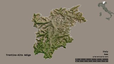 İtalya 'nın otonom bölgesi Trentino-Alto Adige' in şekli, sermayesi sağlam bir arka planda izole edilmiş. Uzaklık ölçeği, bölge önizlemesi ve etiketleri. Uydu görüntüleri. 3B görüntüleme