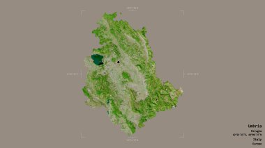 İtalya 'nın Umbria bölgesinde katı bir arka planda izole edilmiş bir sınır kutusu var. Etiketler. Uydu görüntüleri. 3B görüntüleme