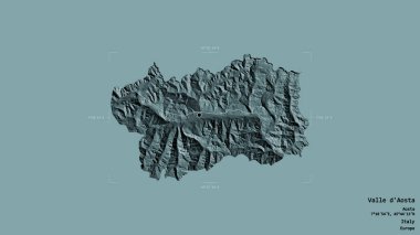 Valle d 'Aosta bölgesi, İtalya' nın özerk bölgesi, jeoreferatlı bir sınır kutusunda katı bir arka planda izole edilmiştir. Etiketler. Renkli yükseklik haritası. 3B görüntüleme