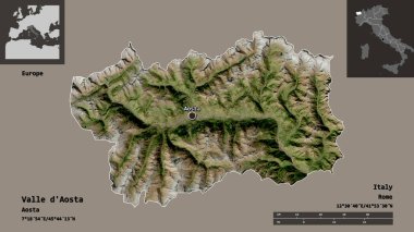 Valle d 'Aosta' nın şekli, İtalya 'nın özerk bölgesi ve başkenti. Uzaklık ölçeği, ön gösterimler ve etiketler. Uydu görüntüleri. 3B görüntüleme