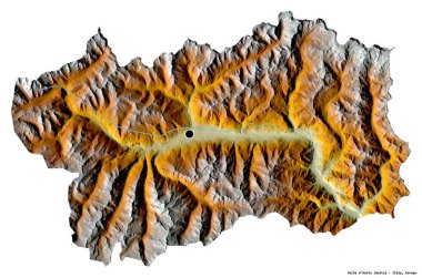 Valle d 'Aosta' nın şekli, İtalya 'nın özerk bölgesi, başkenti beyaz arka planda izole edilmiş. Topografik yardım haritası. 3B görüntüleme