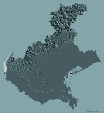 İtalya 'nın Veneto bölgesi, başkenti katı renk arkaplanı ile izole edilmiştir. Renkli yükseklik haritası. 3B görüntüleme