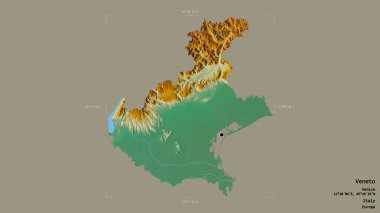 İtalya 'nın Veneto bölgesi, katı bir arka planda izole edilmiş bir sınır kutusunda. Etiketler. Topografik yardım haritası. 3B görüntüleme