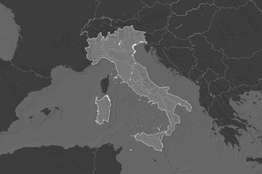 İtalya 'nın şekli, komşu bölgelerin dedoygunluğuyla ayrılır. Sınırlar. Çift seviyeli yükseklik haritası. 3B görüntüleme