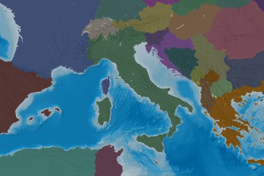 İtalya 'nın genişletilmiş bölgesi. Renkli yükseklik haritası. 3B görüntüleme