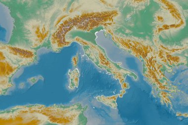 İtalya 'nın genişletilmiş bölgesi. Topografik yardım haritası. 3B görüntüleme