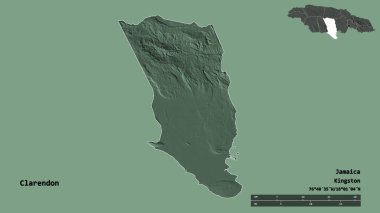 Clarendon 'un şekli, Jamaika kilisesi, başkenti sağlam arka planda izole edilmiş. Uzaklık ölçeği, bölge önizlemesi ve etiketleri. Renkli yükseklik haritası. 3B görüntüleme