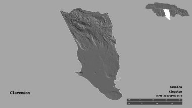 Clarendon 'un şekli, Jamaika kilisesi, başkenti sağlam arka planda izole edilmiş. Uzaklık ölçeği, bölge önizlemesi ve etiketleri. Çift seviyeli yükseklik haritası. 3B görüntüleme