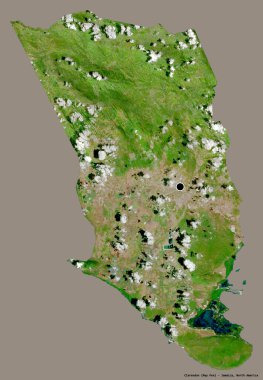 Jamaika 'nın Clarendon semti, başkenti koyu renk arka planda izole edilmiş. Uydu görüntüleri. 3B görüntüleme