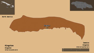 Kingston 'ın şekli, Jamaika' nın kilisesi ve başkenti. Uzaklık ölçeği, ön gösterimler ve etiketler. Desenli dokuların bileşimi. 3B görüntüleme