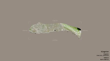 Kingston bölgesi, Jamaika bölgesi, sağlam bir arka planda izole edilmiş bir sınır kutusunda. Etiketler. Uydu görüntüleri. 3B görüntüleme