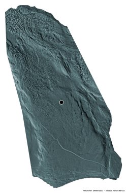 Manchester 'ın şekli, Jamaika bölgesi, başkenti beyaz arka planda izole edilmiş. Renkli yükseklik haritası. 3B görüntüleme