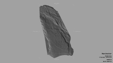 Manchester bölgesi, Jamaika bölgesi, katı bir arka planda izole edilmiş bir sınır kutusunda. Etiketler. Çift seviyeli yükseklik haritası. 3B görüntüleme