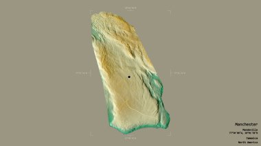 Manchester bölgesi, Jamaika bölgesi, katı bir arka planda izole edilmiş bir sınır kutusunda. Etiketler. Topografik yardım haritası. 3B görüntüleme