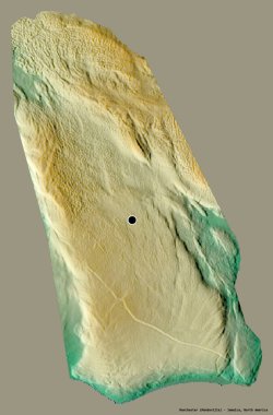 Manchester 'ın şekli, Jamaika' nın semti, başkenti koyu renk arka planda izole edilmiş. Topografik yardım haritası. 3B görüntüleme