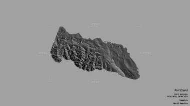 Portland bölgesi, Jamaika bölgesi, sağlam bir arka planda izole edilmiş bir sınır kutusunda. Etiketler. Çift seviyeli yükseklik haritası. 3B görüntüleme