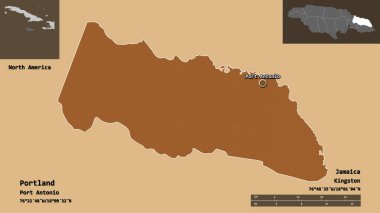 Portland 'ın şekli, Jamaika' nın semti ve başkenti. Uzaklık ölçeği, ön gösterimler ve etiketler. Desenli dokuların bileşimi. 3B görüntüleme