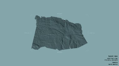 St. Ann bölgesi, Jamaika bölgesi, katı bir arka planda izole edilmiş bir sınır kutusunda. Etiketler. Renkli yükseklik haritası. 3B görüntüleme