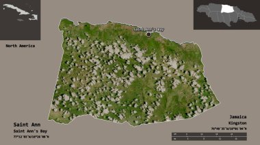 Saint Ann 'in şekli, Jamaika kilisesi ve başkenti. Uzaklık ölçeği, ön gösterimler ve etiketler. Uydu görüntüleri. 3B görüntüleme