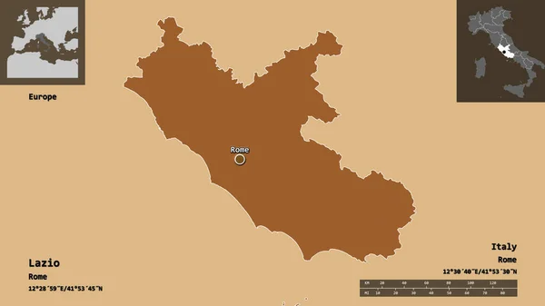Kształt Lacjum Regionu Włoch Jego Stolicy Skala Odległości Zapowiedzi Etykiety — Zdjęcie stockowe