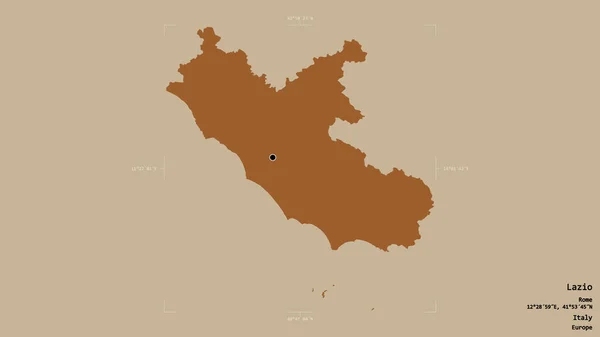 Area of Lazio, region of Italy, isolated on a solid background in a georeferenced bounding box. Labels. Composition of patterned textures. 3D rendering